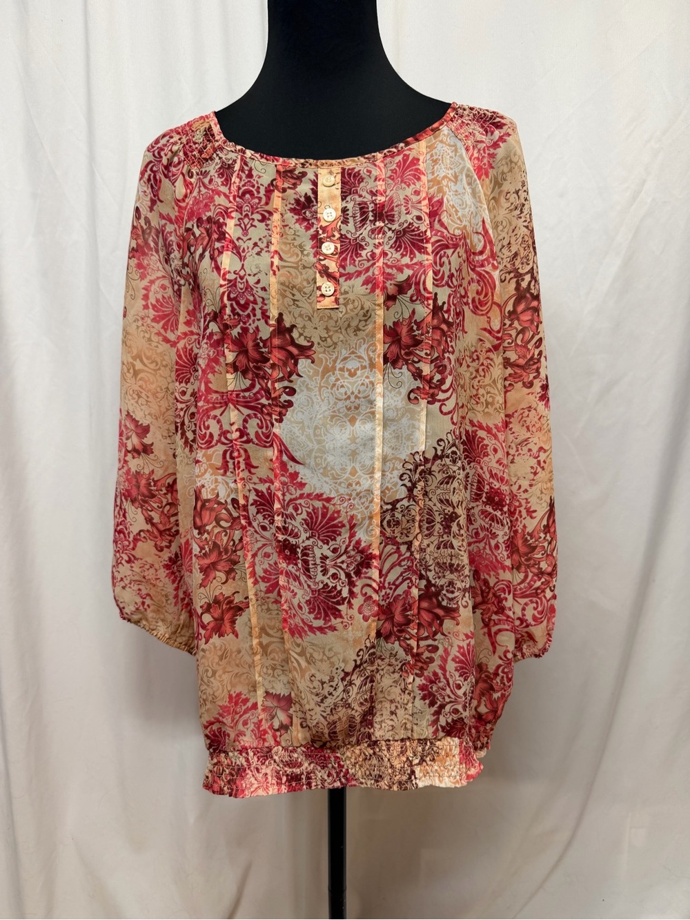 Willow Bay 1X Pink Beige Floral Paisley Boho Peasant Blouse Sheer - Picture 4 of 6